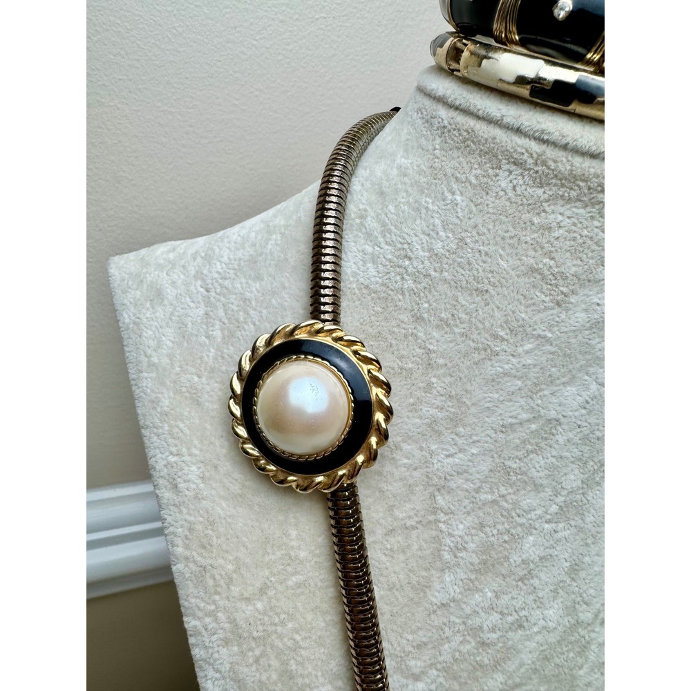 Park Lane Vintage Style Jewelry Set Gold Tone Faux Pearl Black Enamel 4pc Set - Picture 9 of 16